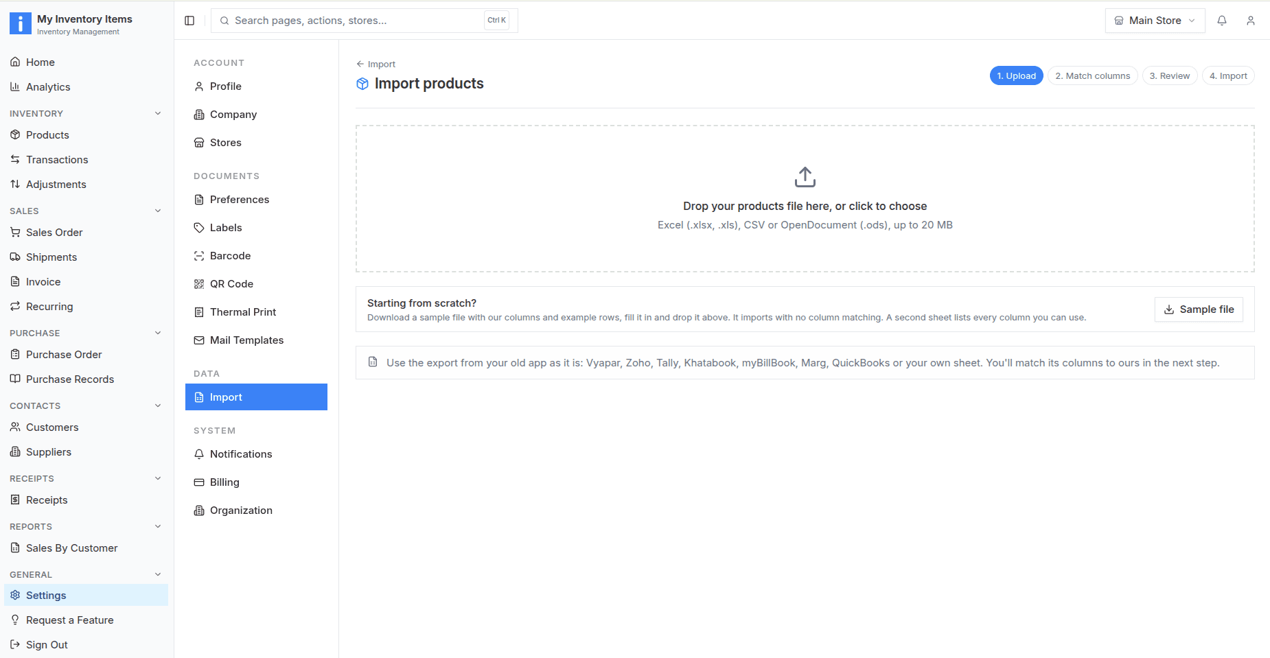 Product file upload in My Inventory Items with Excel, CSV and OpenDocument support