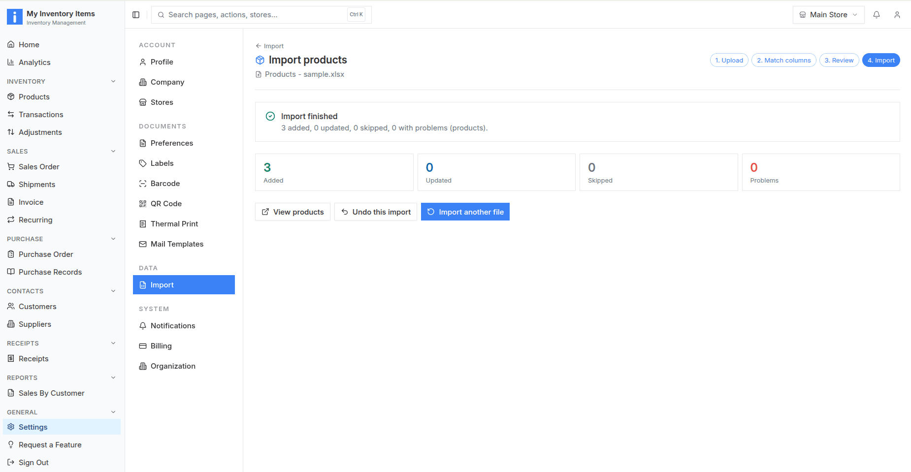 My Inventory Items product import: Import and verify