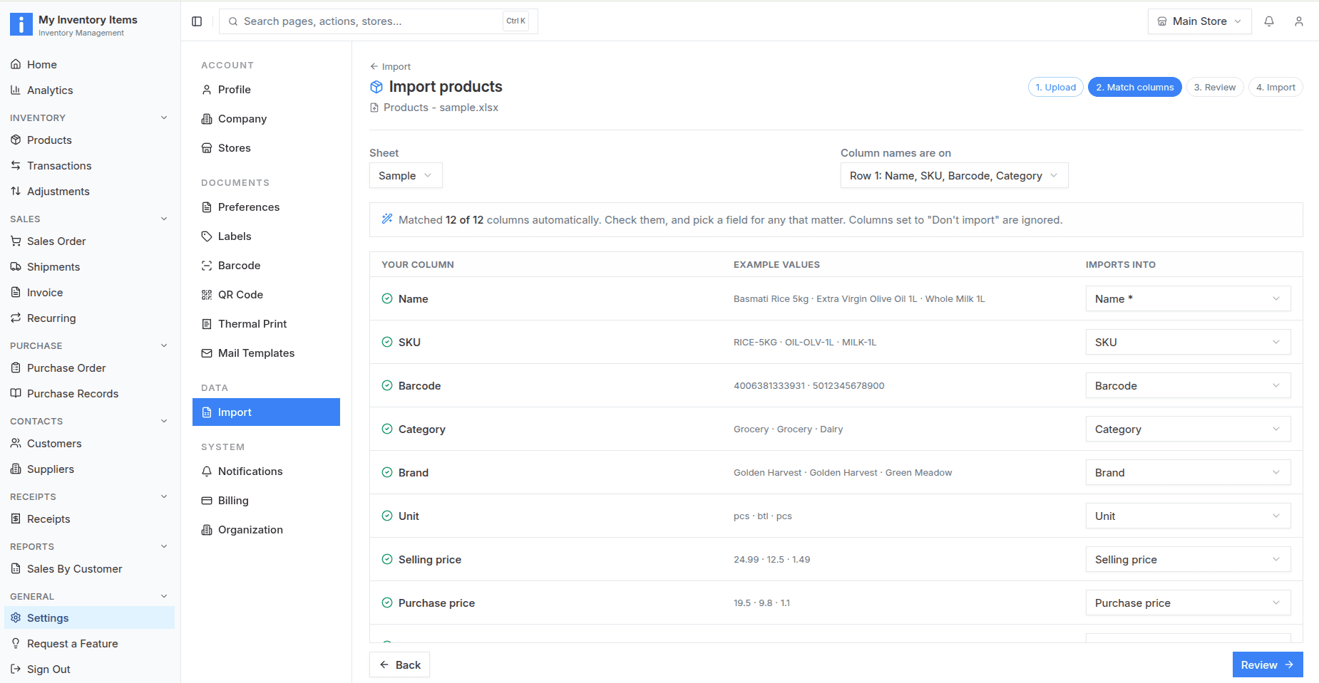My Inventory Items product import: Match columns