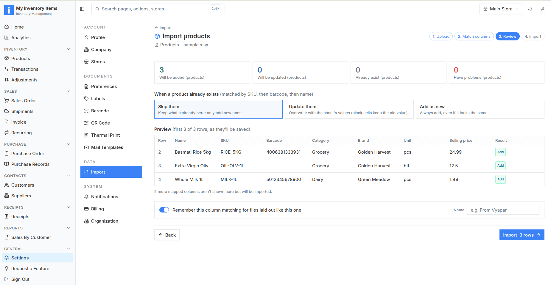 My Inventory Items product import: Review products and duplicates