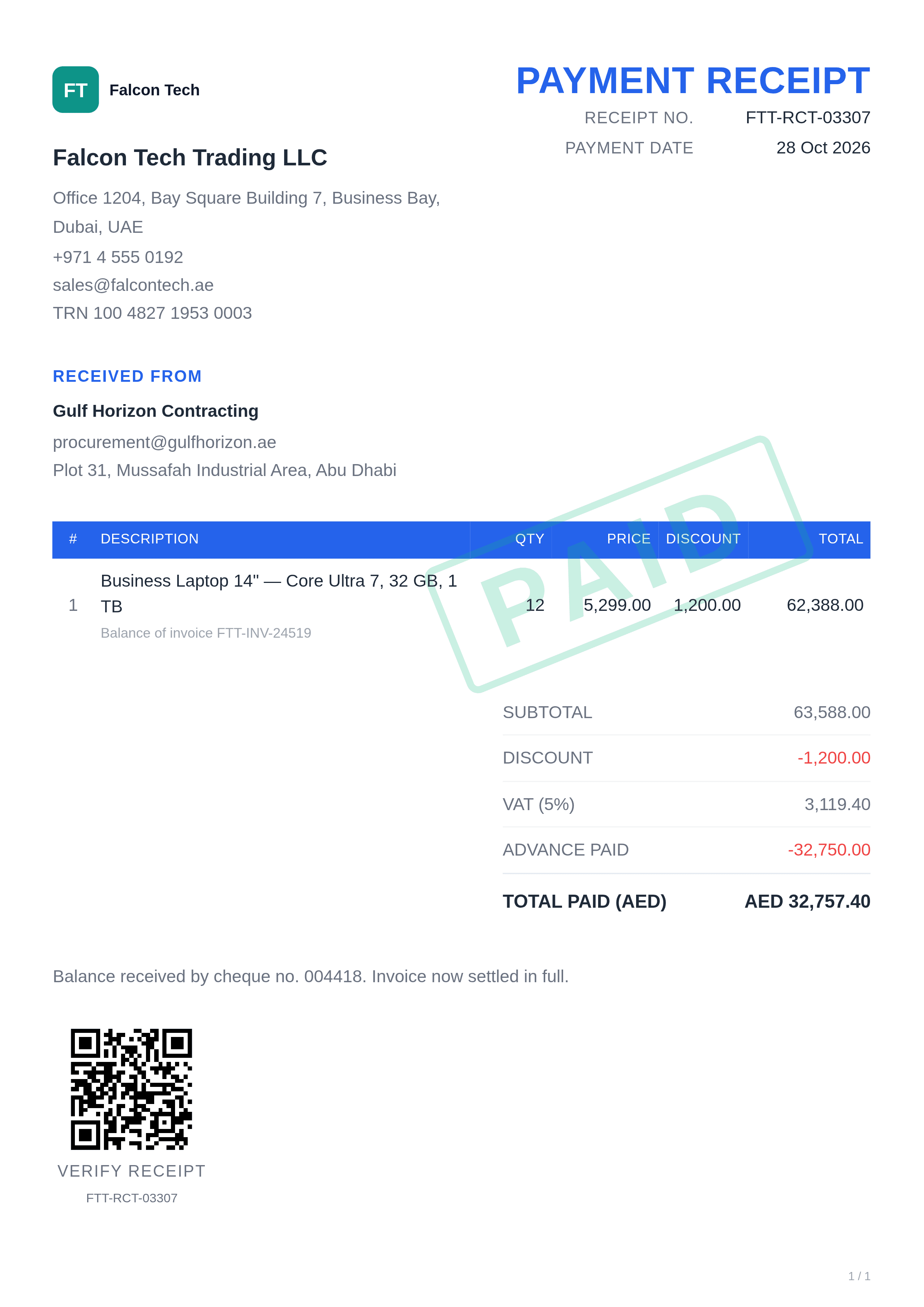 Blue payment receipt design showing an AED wholesale laptop invoice, advance payment and final balance received