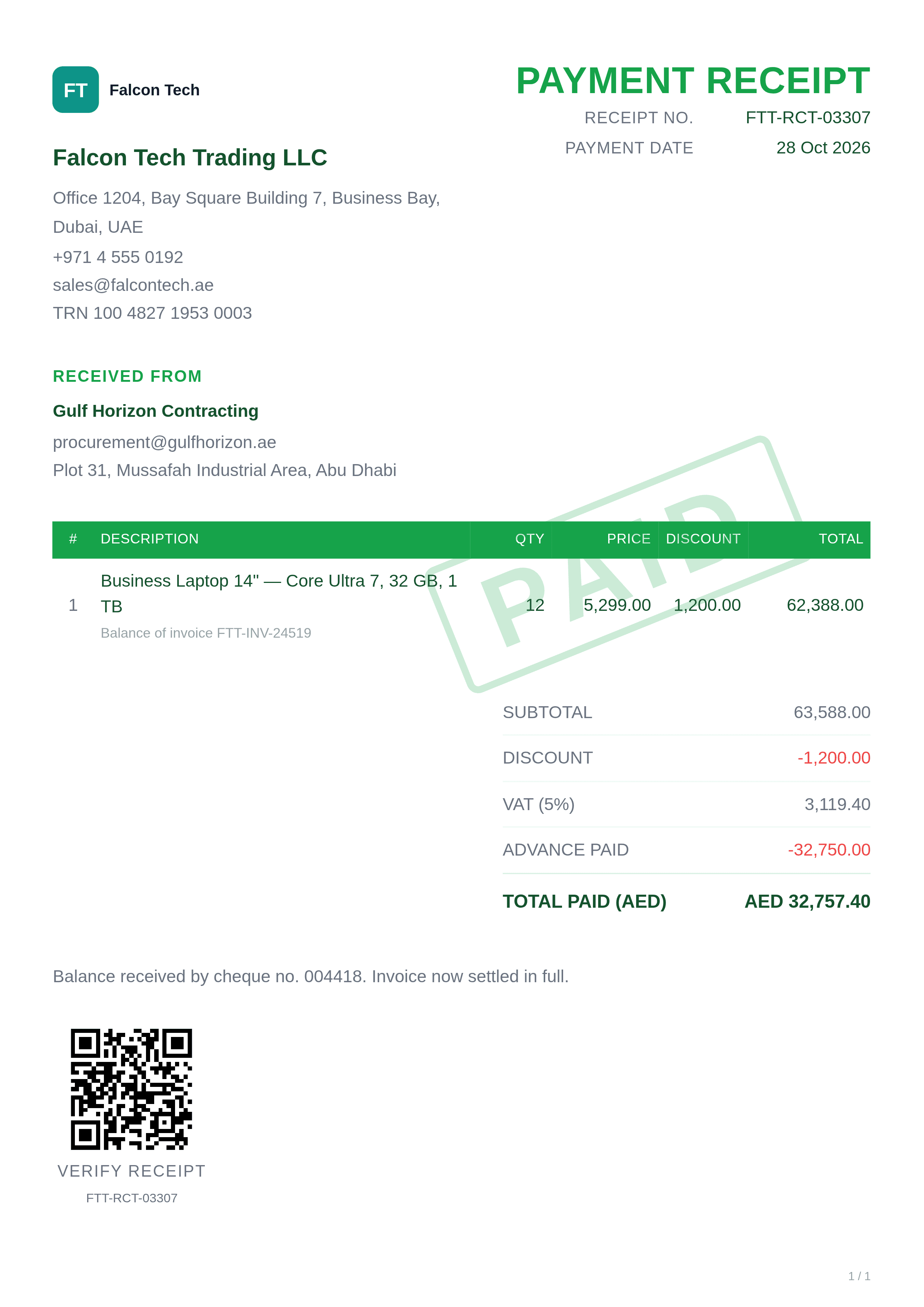 green payment receipt template preview with AED invoice total, advance and final payment