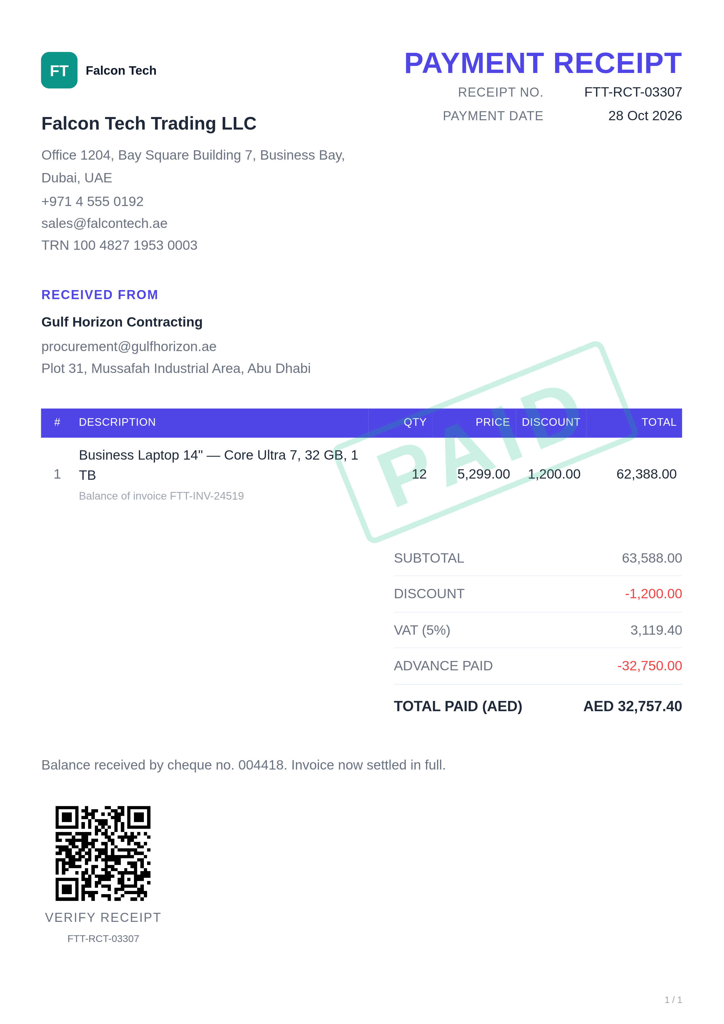 indigo payment receipt template preview with AED invoice total, advance and final payment