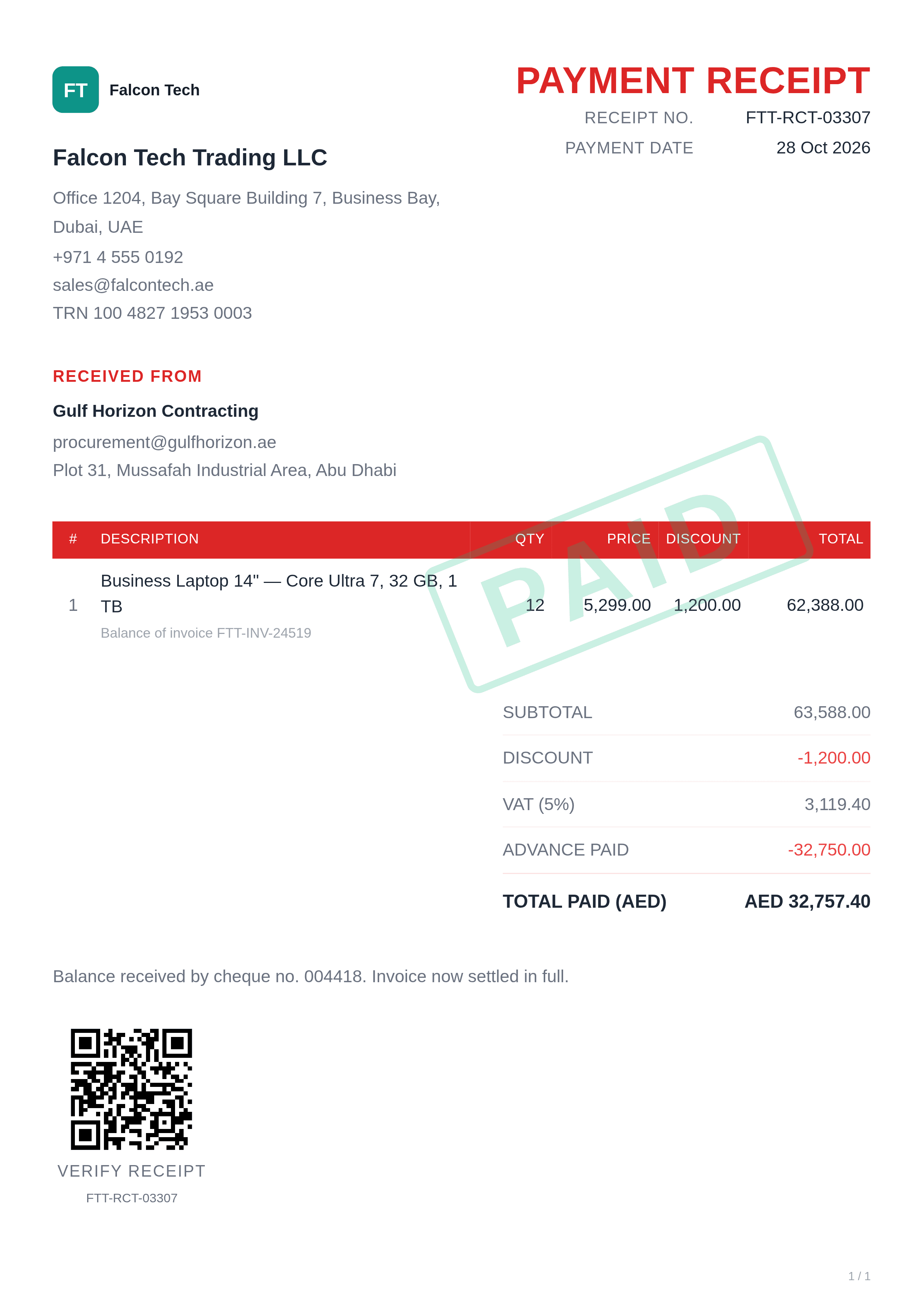 red payment receipt template preview with AED invoice total, advance and final payment