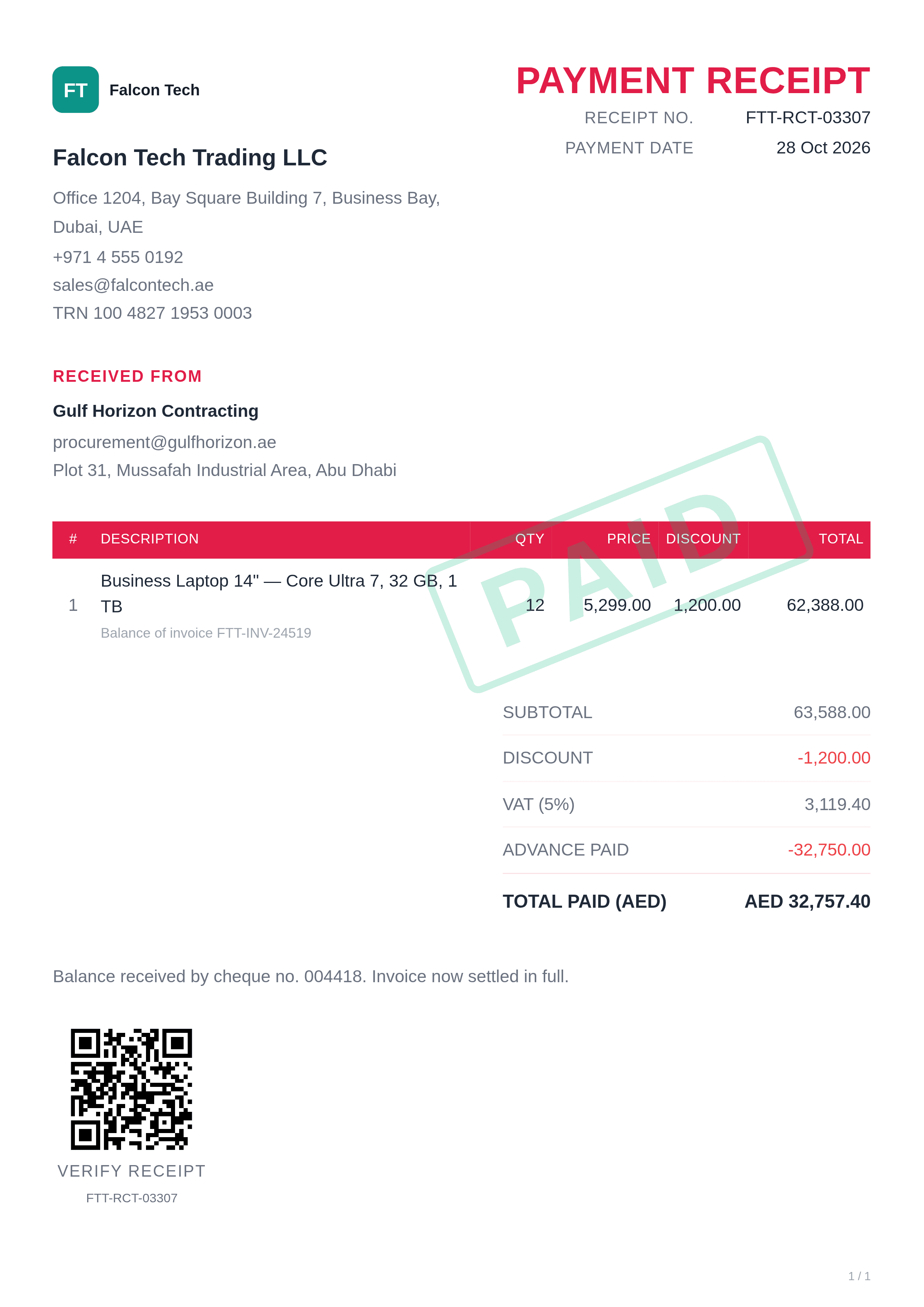 rose payment receipt template preview with AED invoice total, advance and final payment