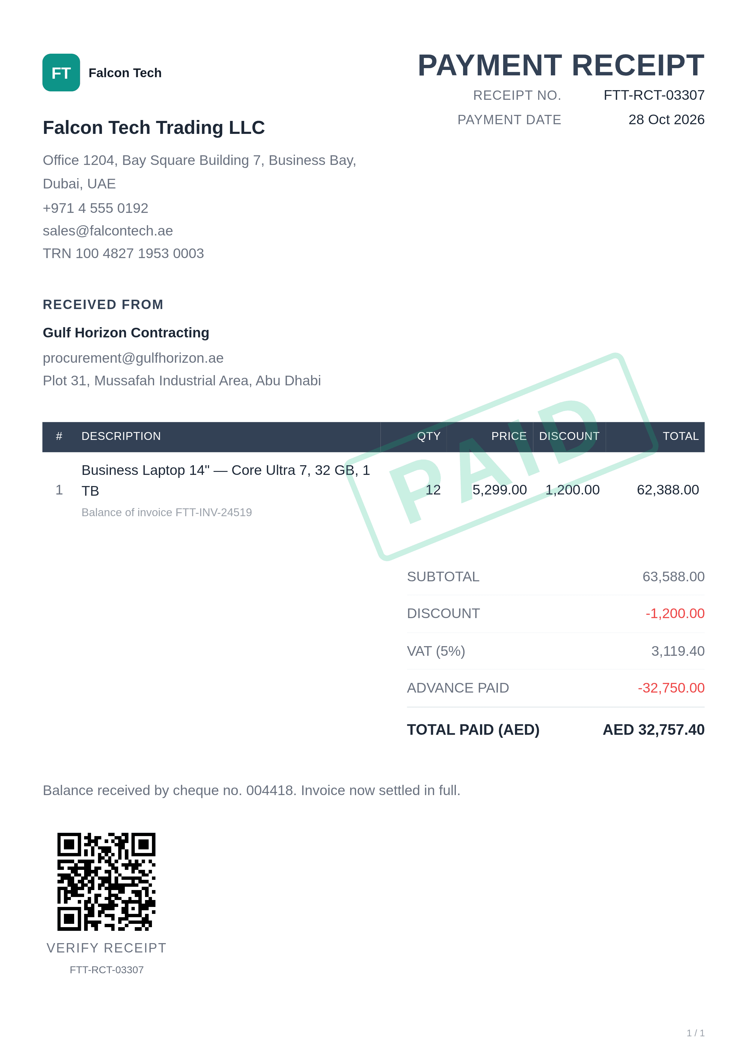 slate payment receipt template preview with AED invoice total, advance and final payment