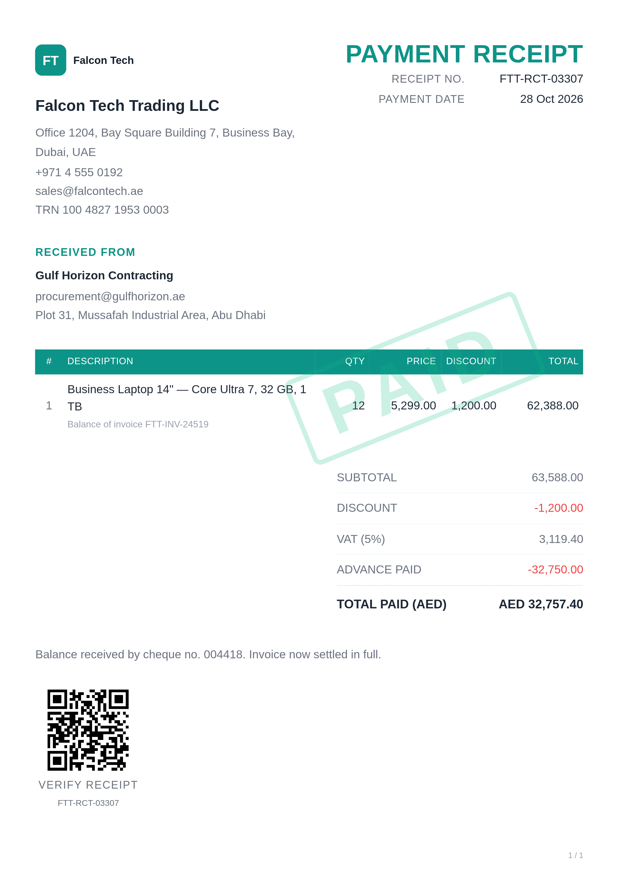 teal payment receipt template preview with AED invoice total, advance and final payment