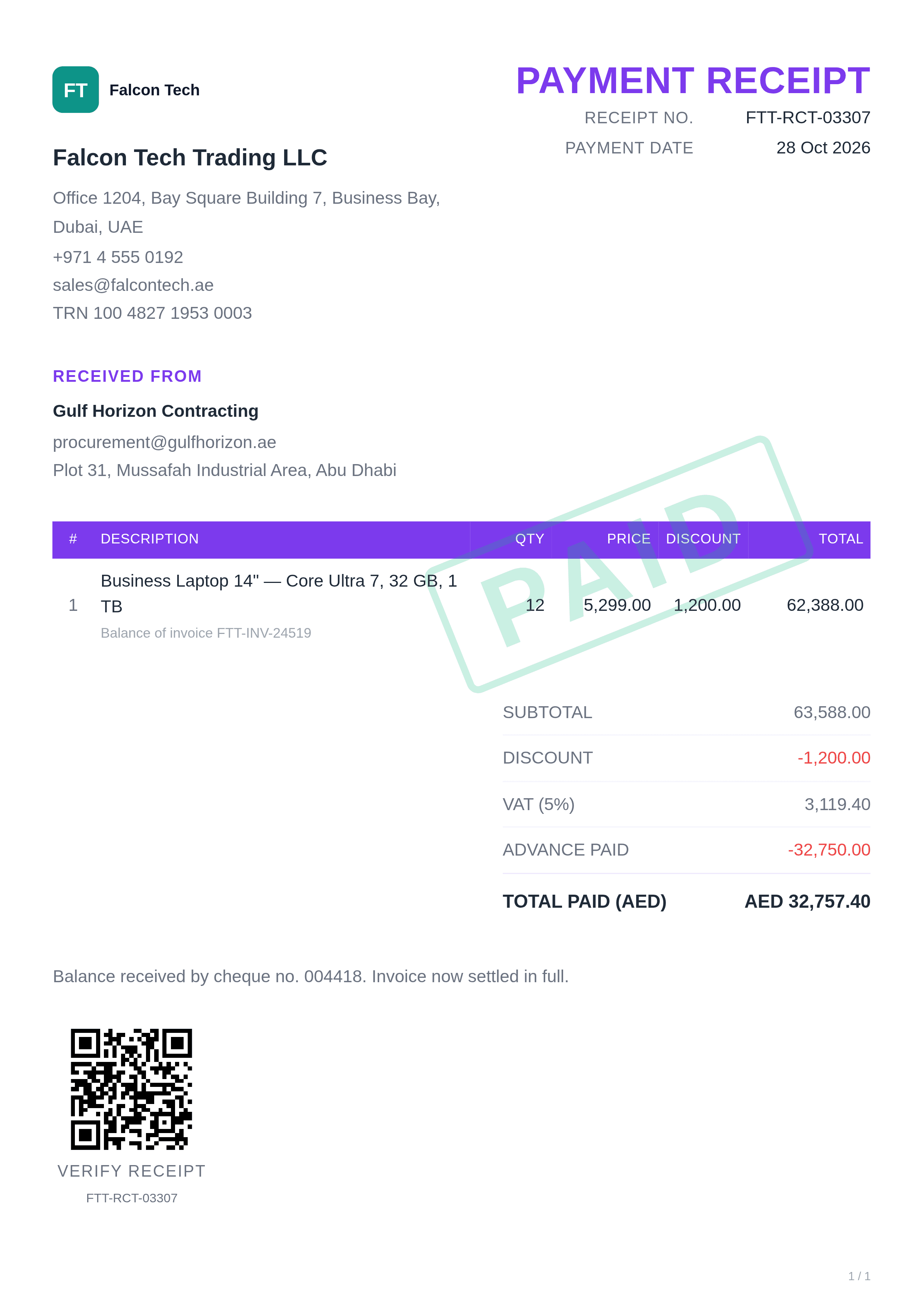 violet payment receipt template preview with AED invoice total, advance and final payment