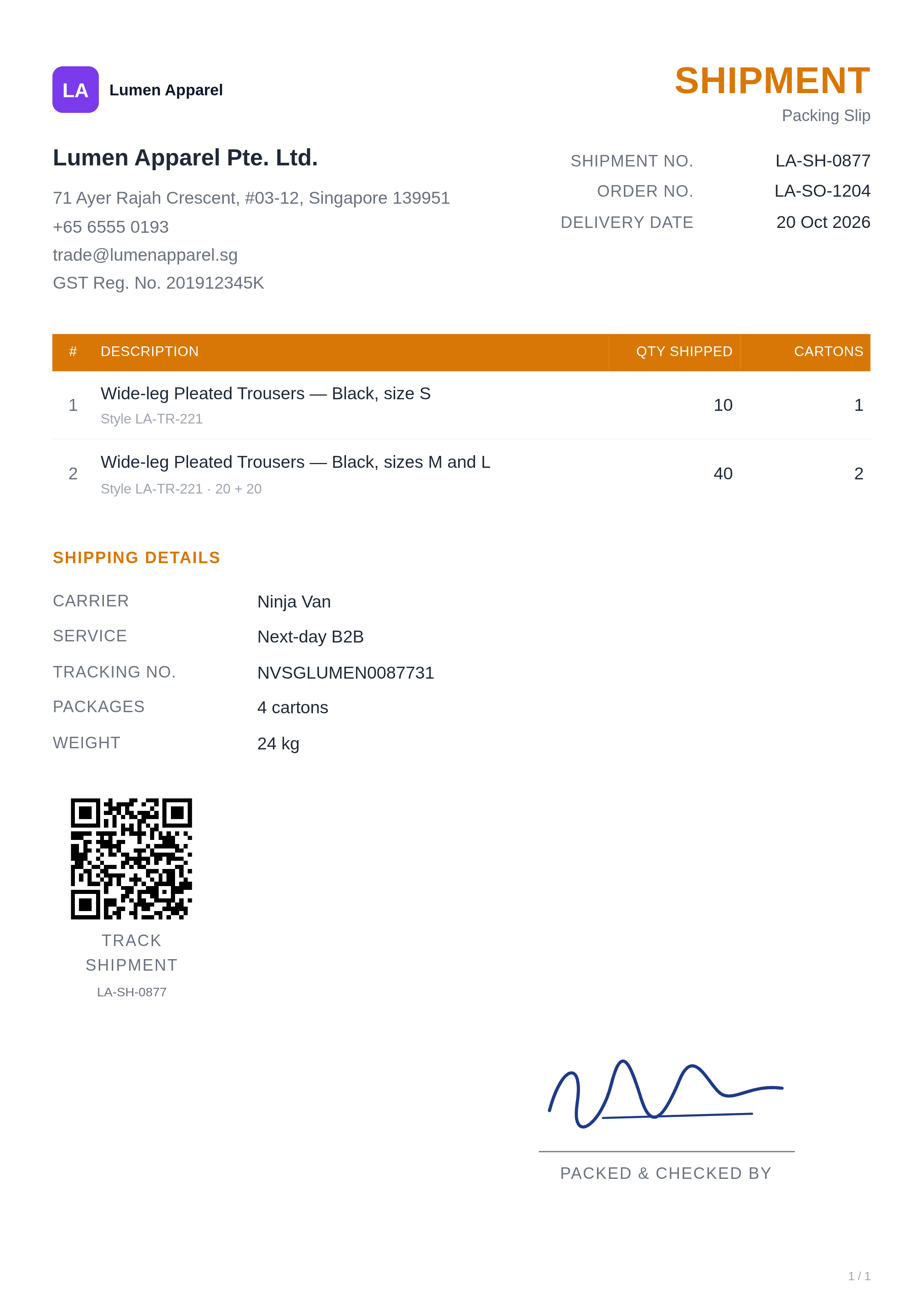 amber shipment packing slip template with sample apparel quantities and shipping details