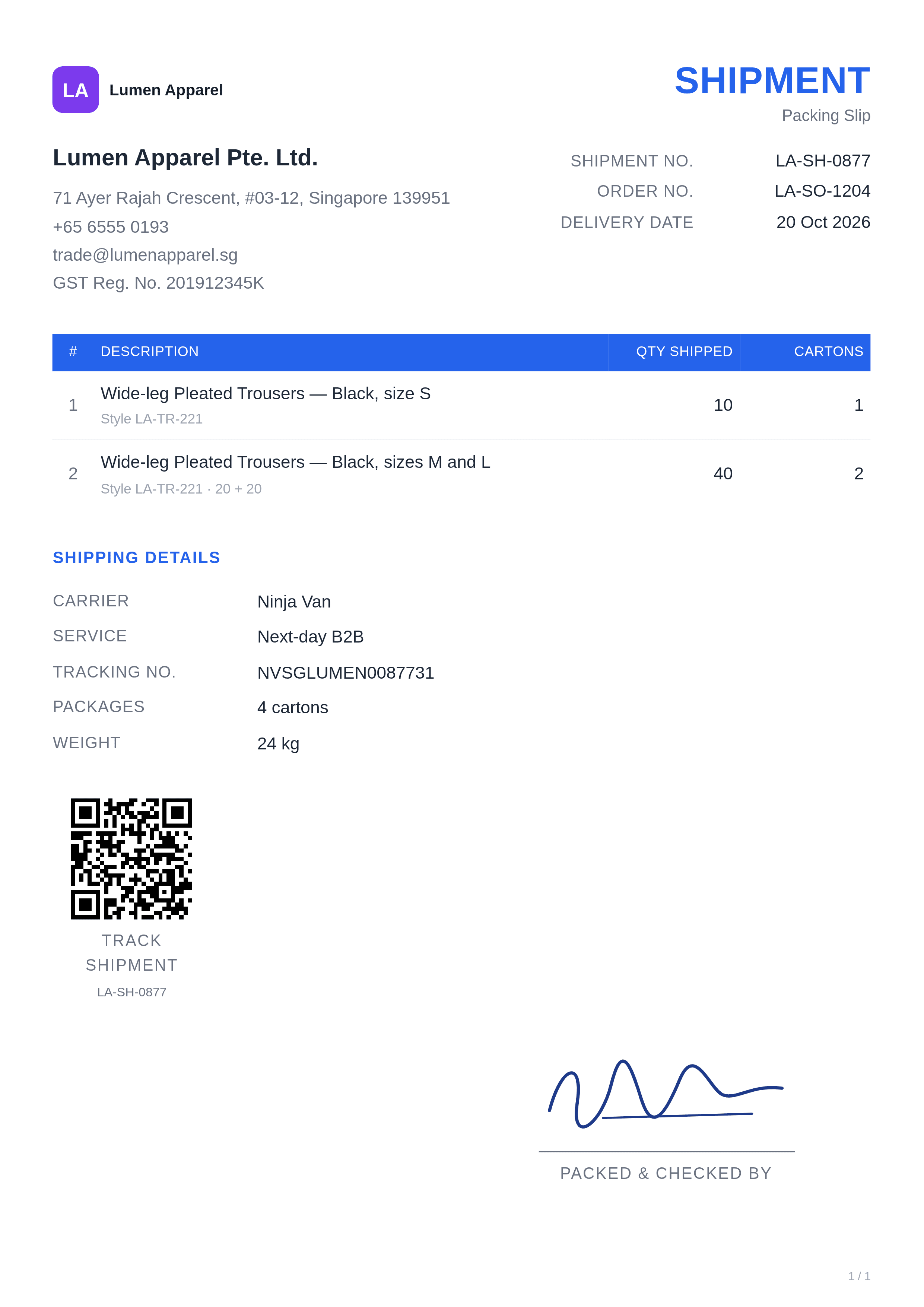 Blue shipment packing slip for a sample Singapore apparel dispatch showing trouser quantities, cartons and carrier details