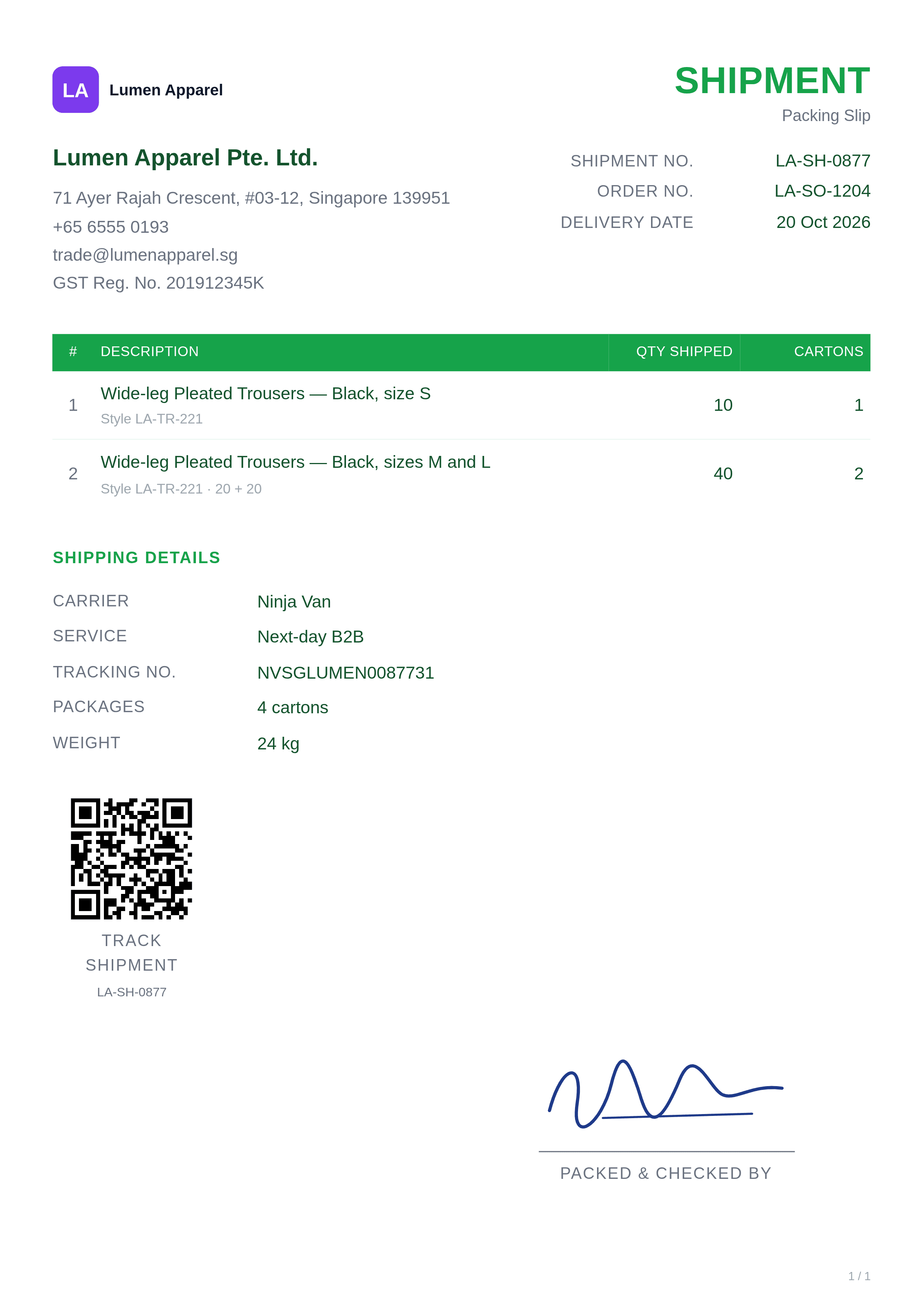 green shipment packing slip template with sample apparel quantities and shipping details