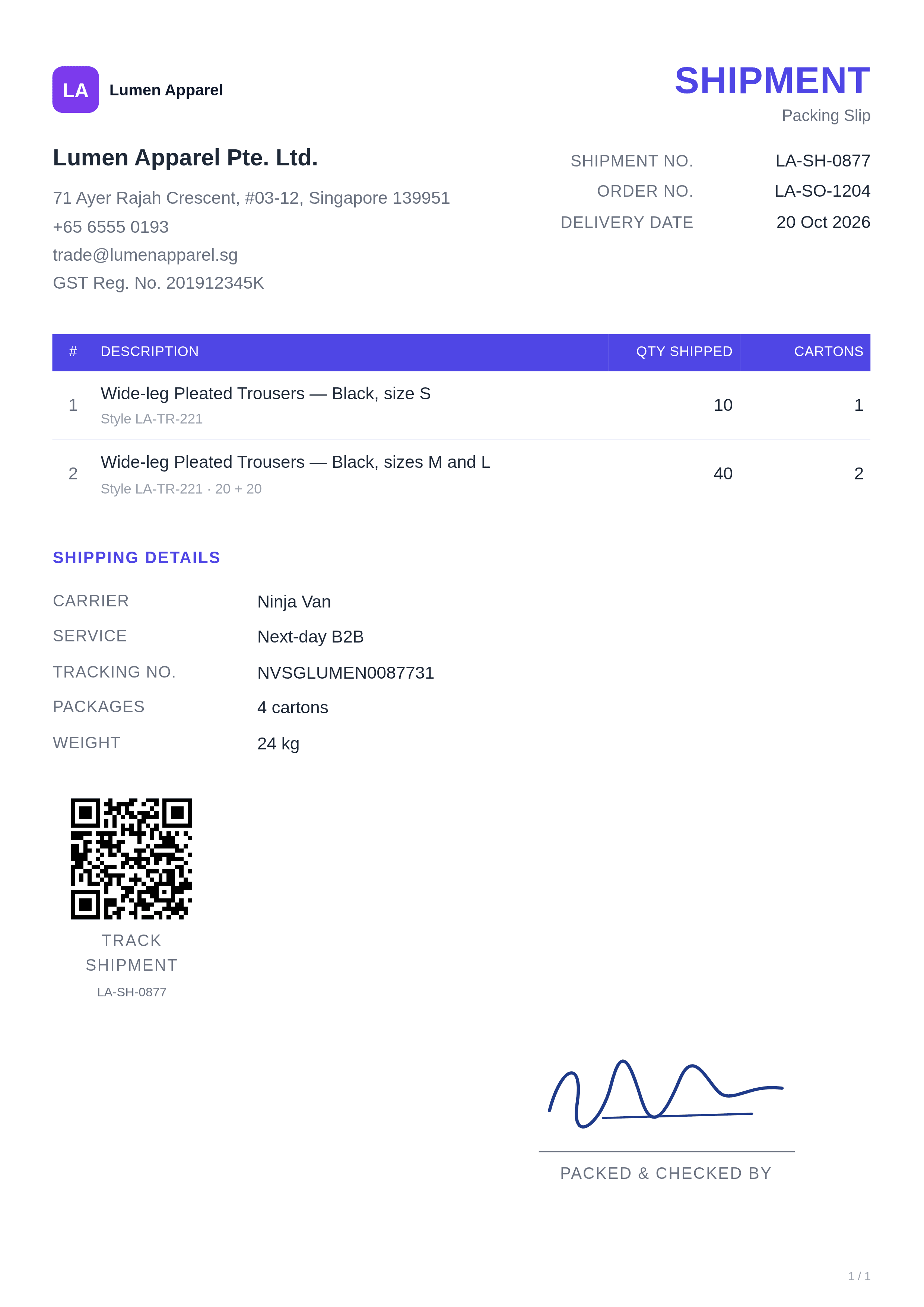 indigo shipment packing slip template with sample apparel quantities and shipping details