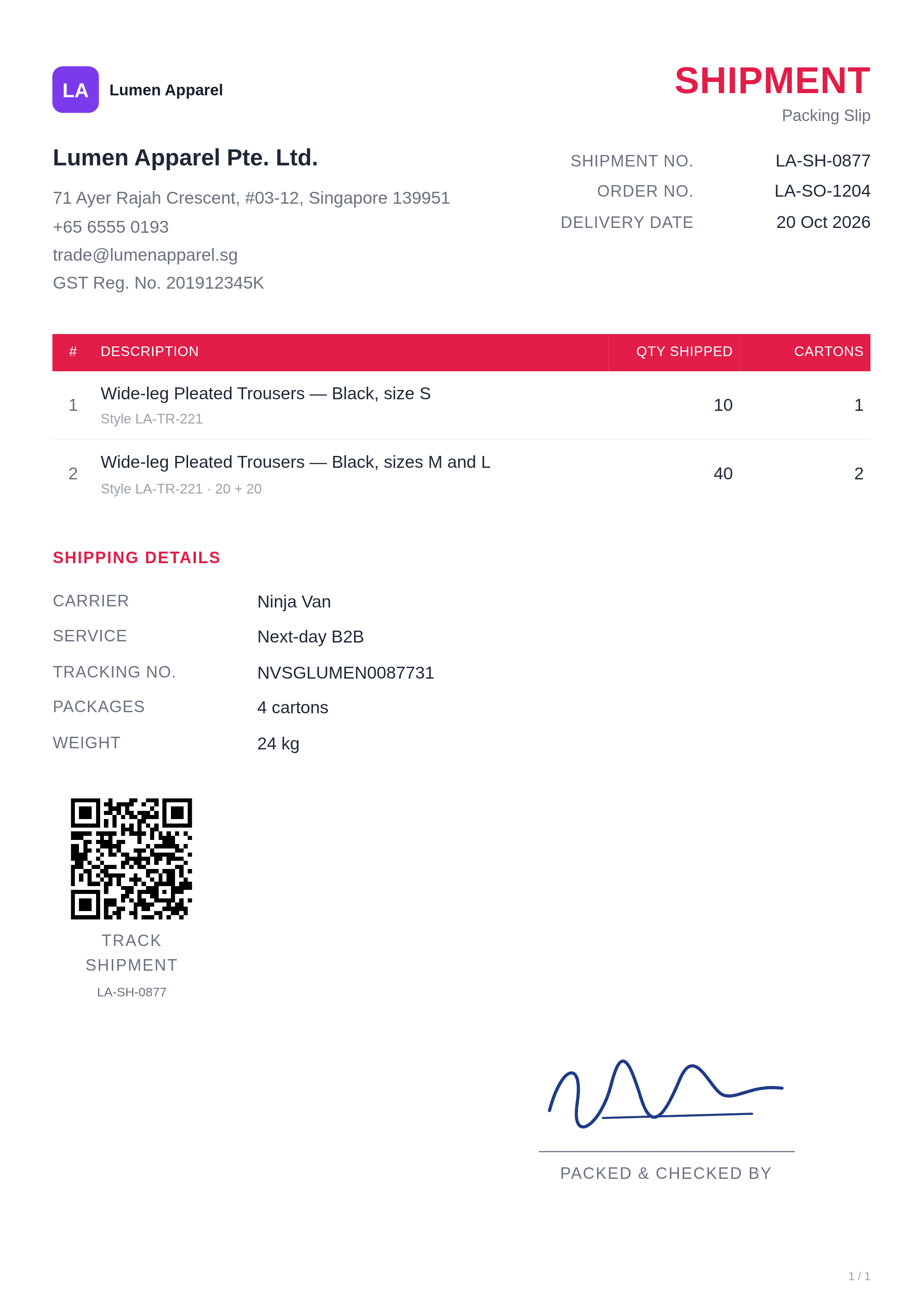 rose shipment packing slip template with sample apparel quantities and shipping details