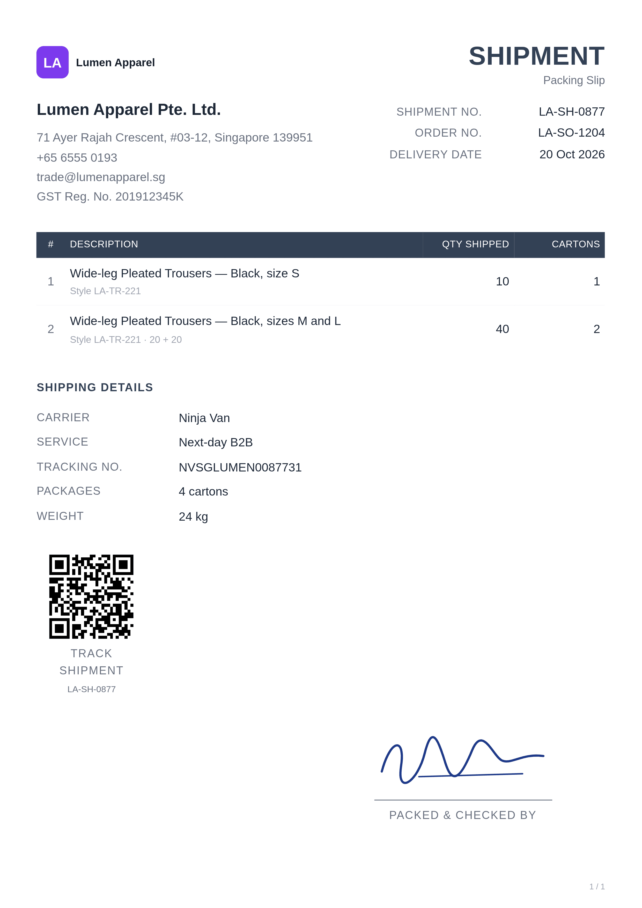 slate shipment packing slip template with sample apparel quantities and shipping details