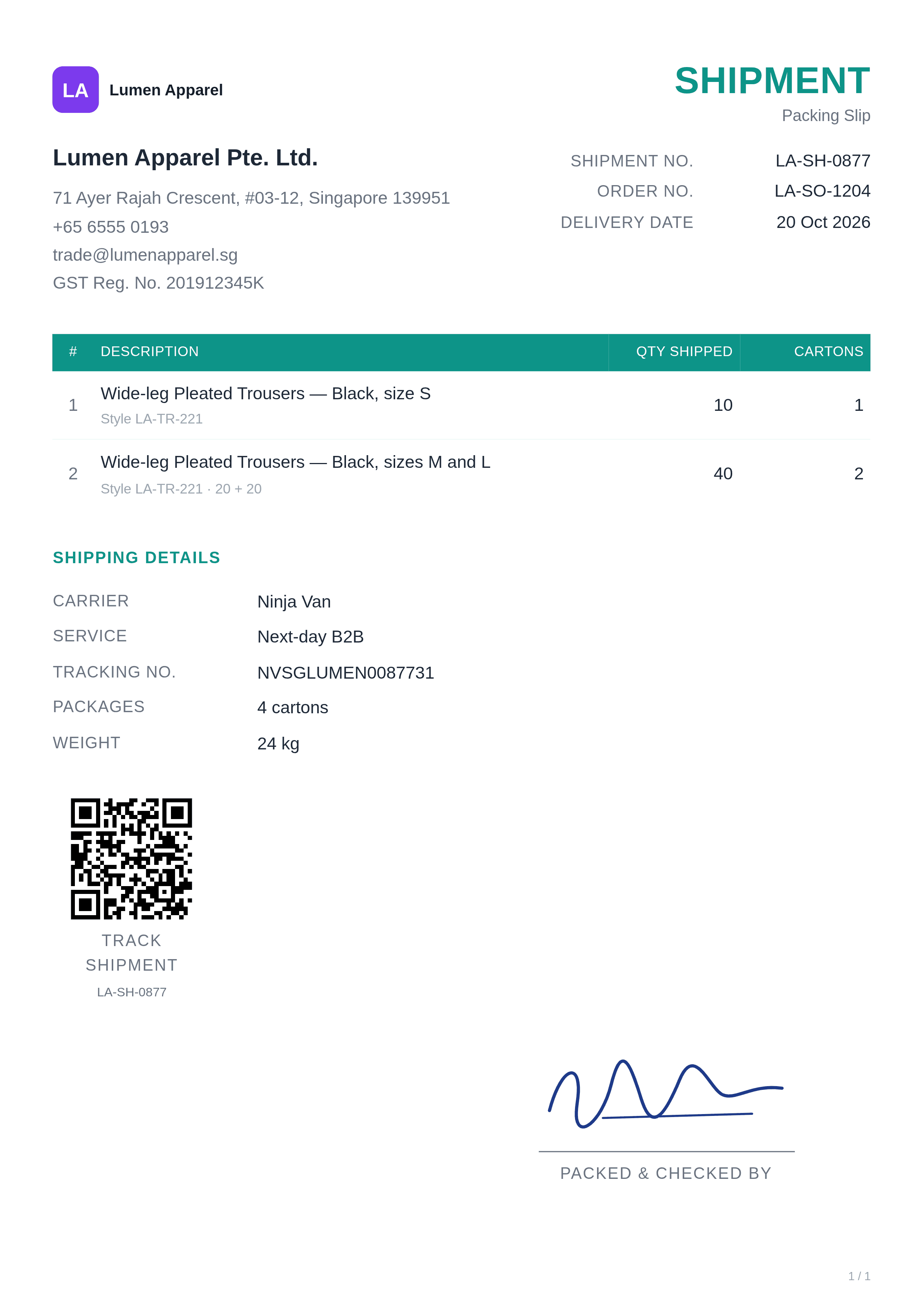 teal shipment packing slip template with sample apparel quantities and shipping details