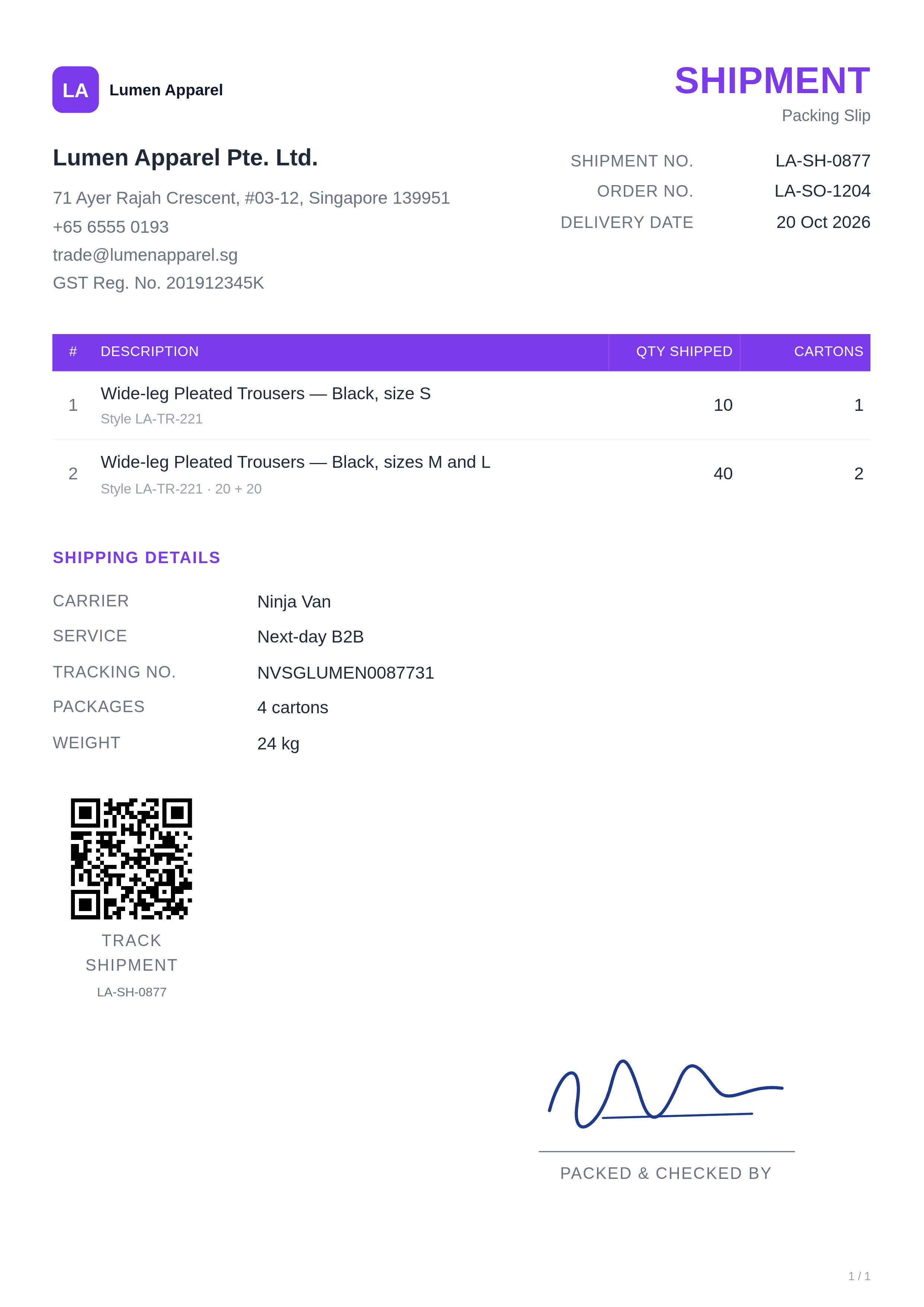 violet shipment packing slip template with sample apparel quantities and shipping details